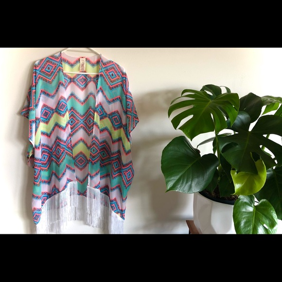 Colorful Printed Tunic Shawl w/ fringe - Picture 1 of 4